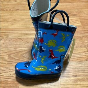 Dinosaur Rain Boot Blue MultiColor Hand Pull Rubber TRex Pterodactyl NWT Kids 7T